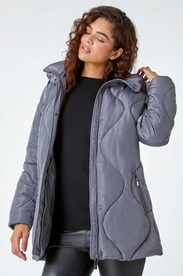 Women Grey Quilted Faux Fur Hooded Coat Roman Coats
