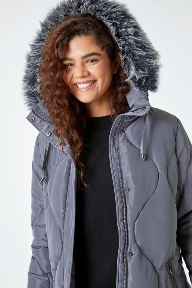 Women Grey Quilted Faux Fur Hooded Coat Roman Coats