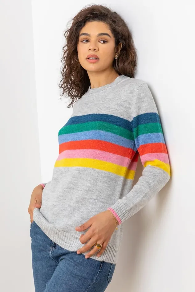 Women Grey Rainbow Stripe Print Jumper Roman Knitwear