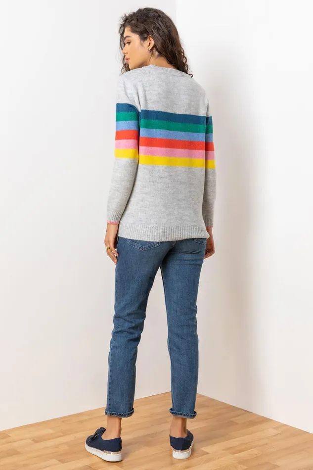 Women Grey Rainbow Stripe Print Jumper Roman Knitwear