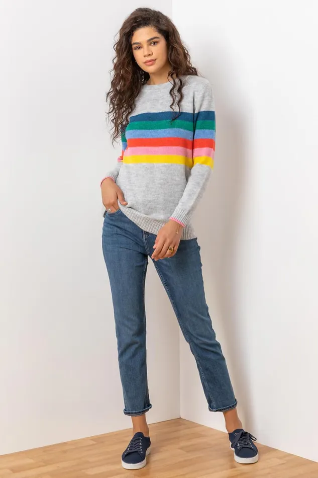 Women Grey Rainbow Stripe Print Jumper Roman Knitwear