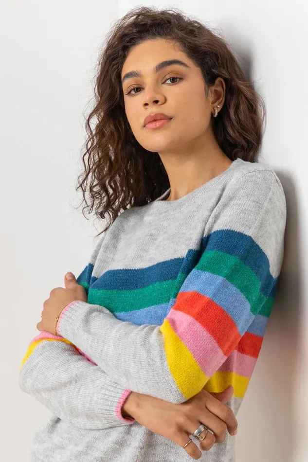Women Grey Rainbow Stripe Print Jumper Roman Knitwear