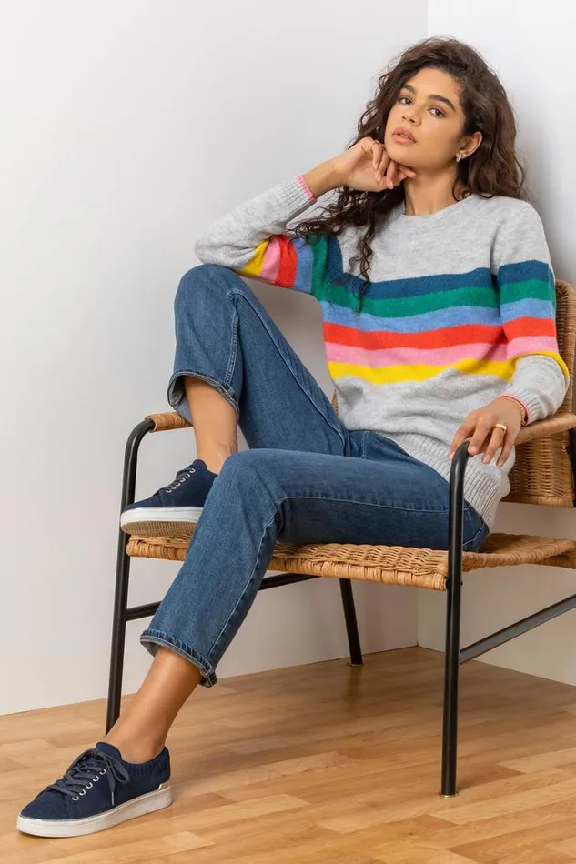Women Grey Rainbow Stripe Print Jumper Roman Knitwear