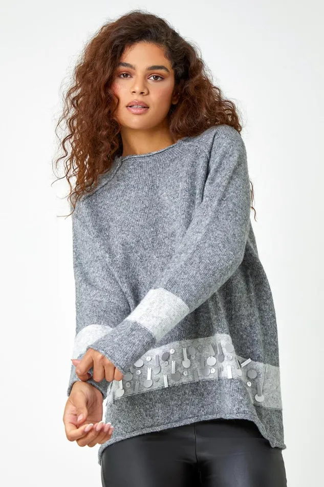 Women Grey Sequin Colour Block Funnel Neck Jumper Roman Knitwear
