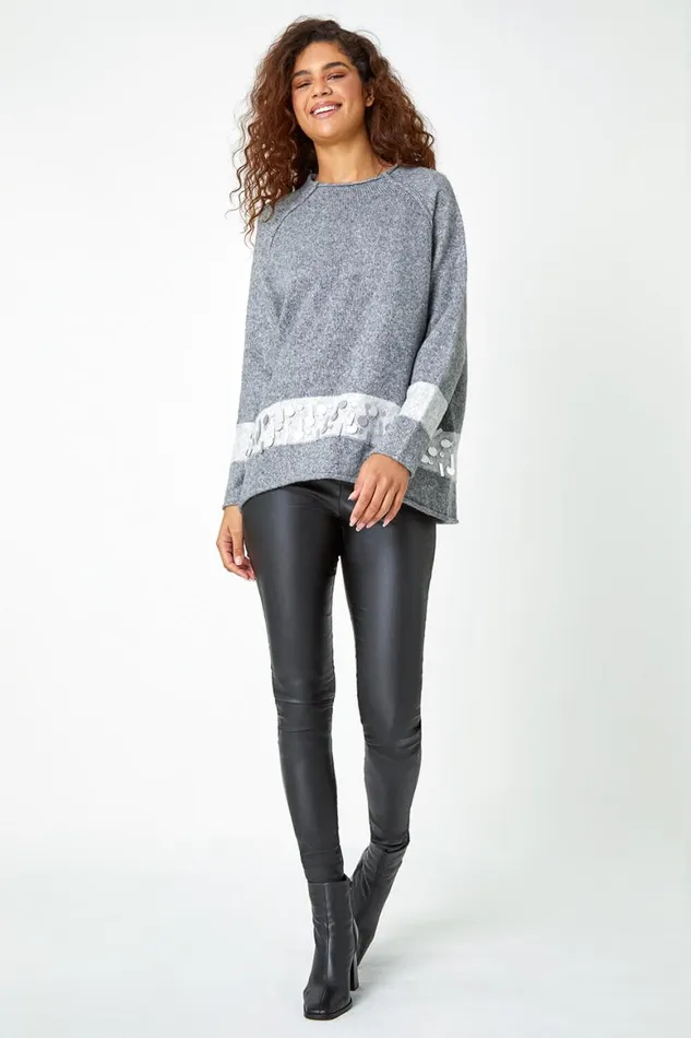 Women Grey Sequin Colour Block Funnel Neck Jumper Roman Knitwear