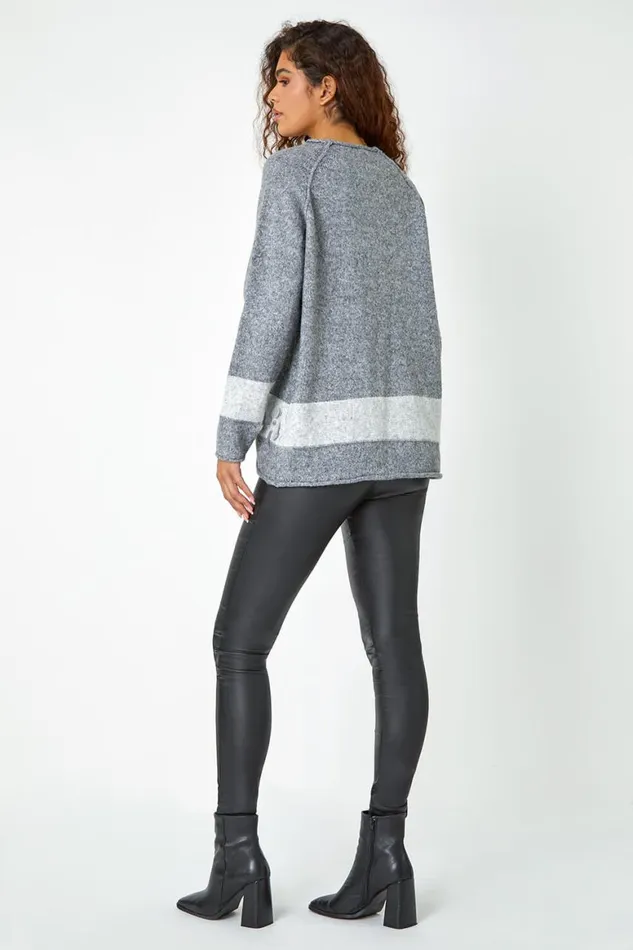 Women Grey Sequin Colour Block Funnel Neck Jumper Roman Knitwear