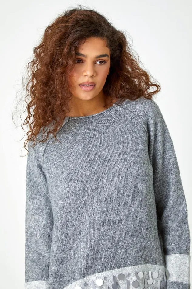 Women Grey Sequin Colour Block Funnel Neck Jumper Roman Knitwear