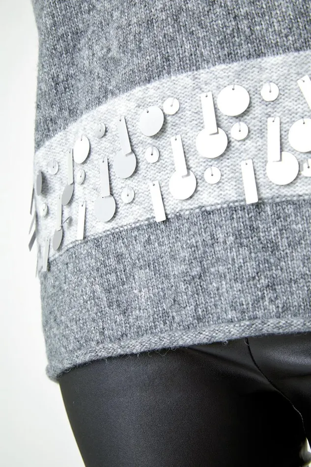 Women Grey Sequin Colour Block Funnel Neck Jumper Roman Knitwear