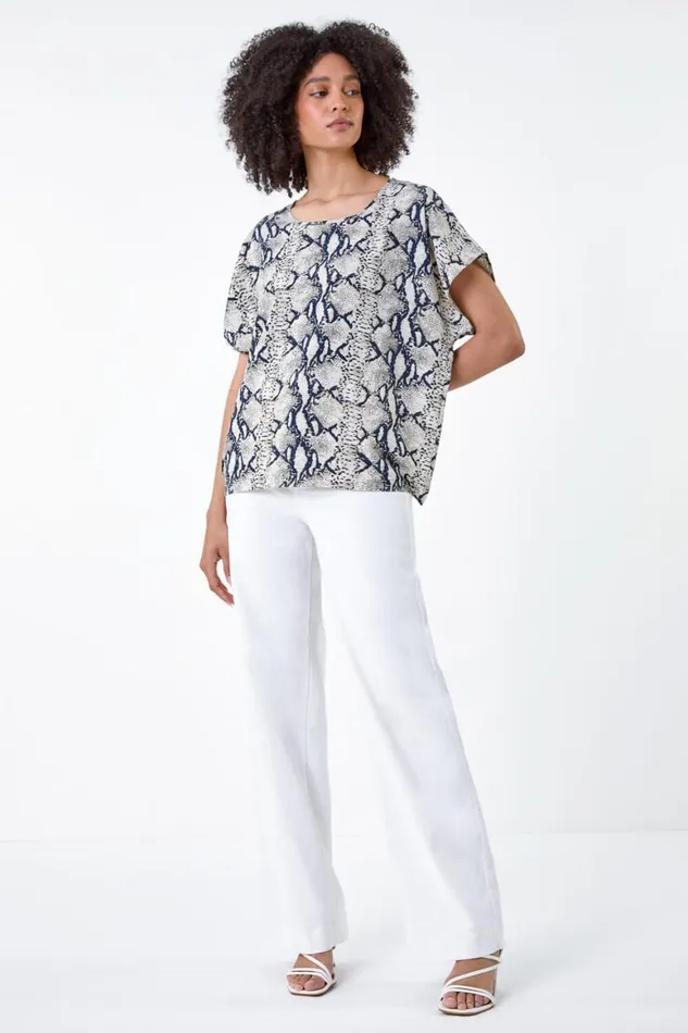 Women Grey Snake Print Woven Top Roman Tops
