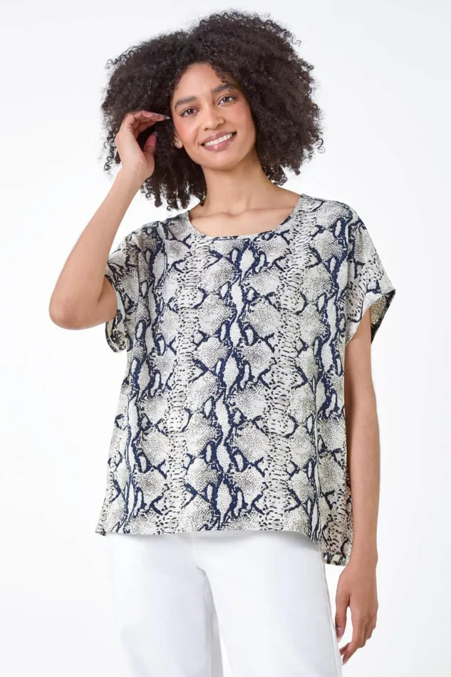 Women Grey Snake Print Woven Top Roman Tops