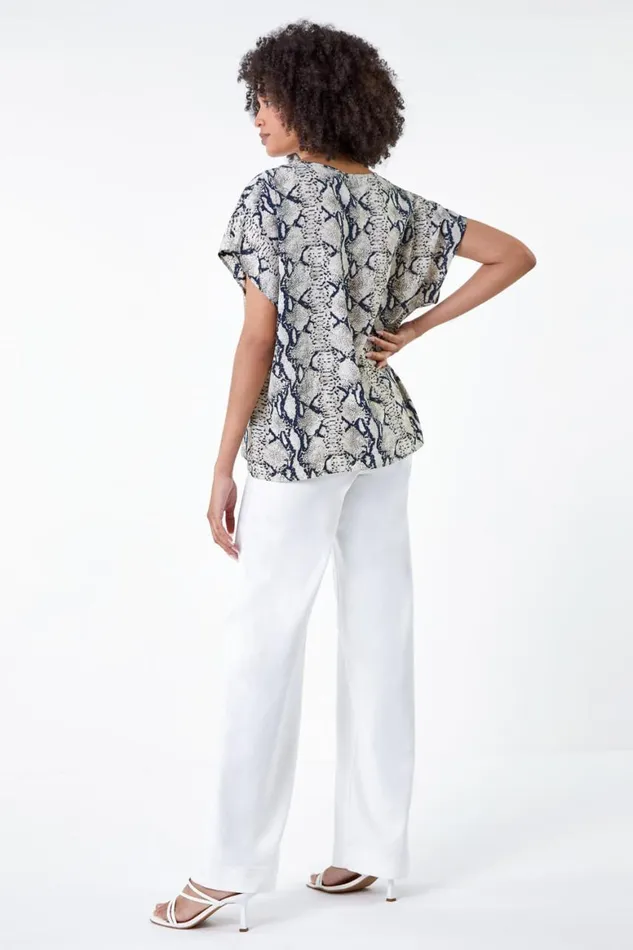 Women Grey Snake Print Woven Top Roman Tops