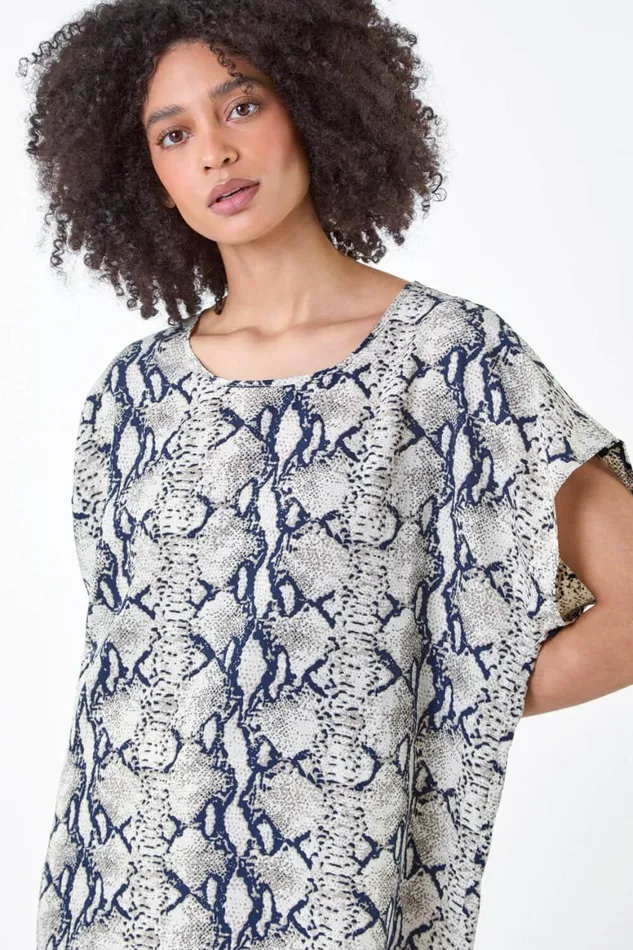 Women Grey Snake Print Woven Top Roman Tops