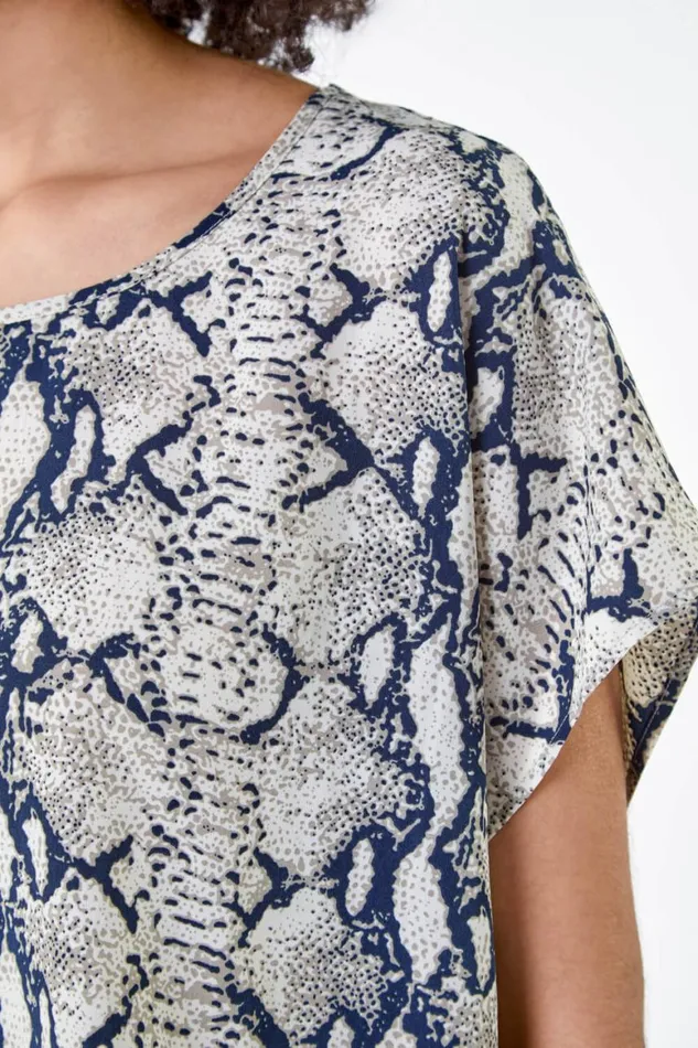 Women Grey Snake Print Woven Top Roman Tops