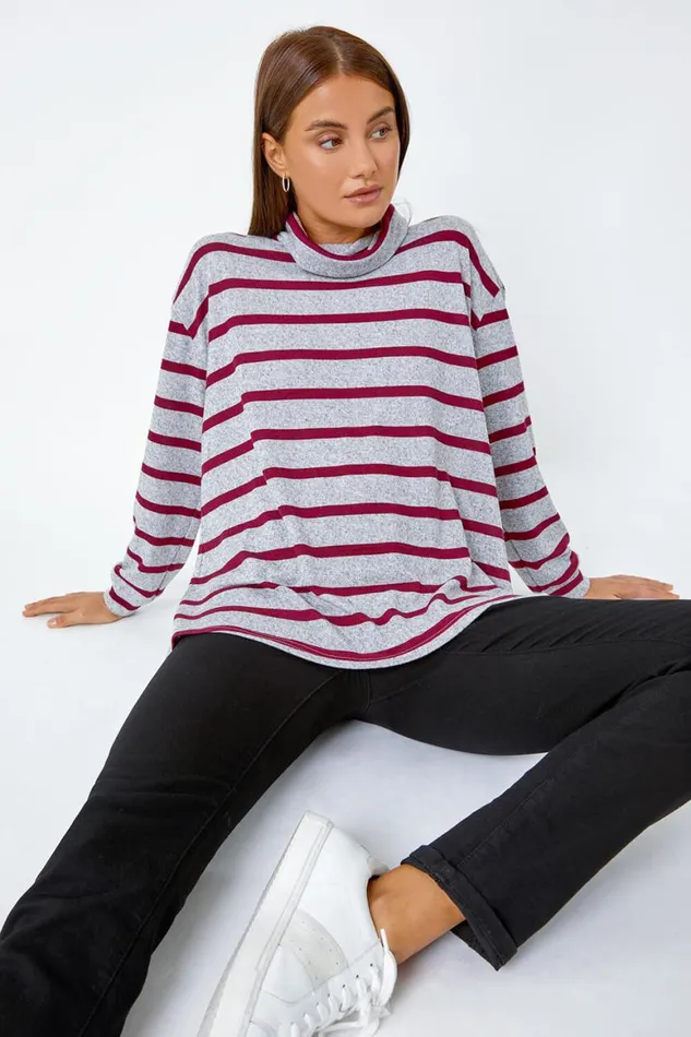 Women Grey Stripe Print Roll Neck Stretch Top Roman Tops