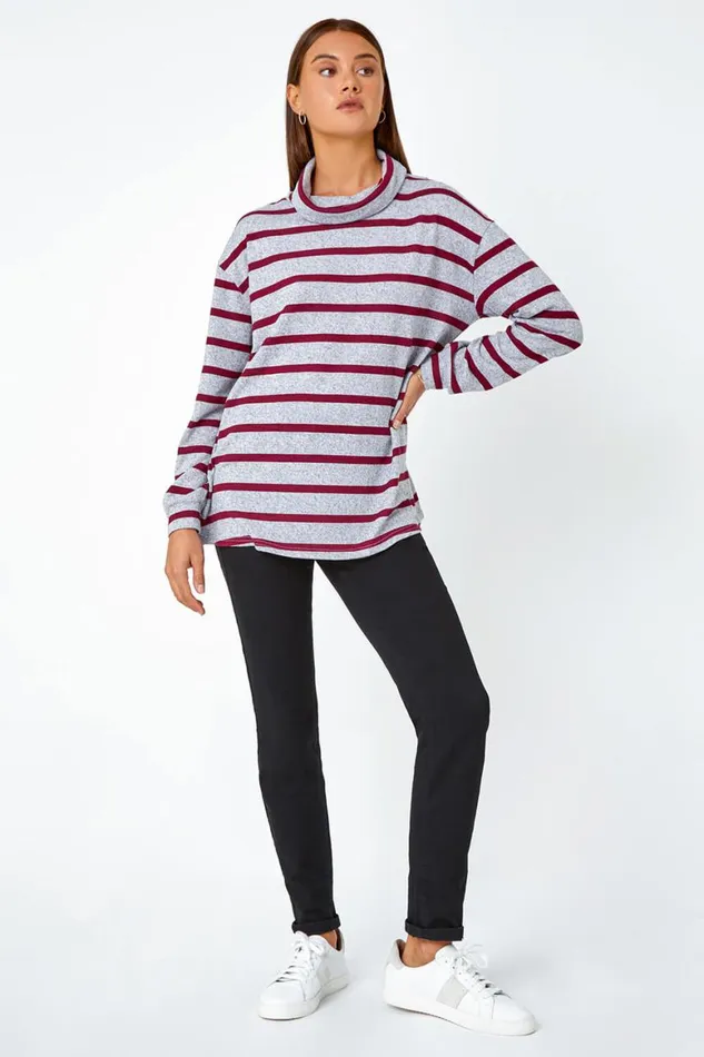 Women Grey Stripe Print Roll Neck Stretch Top Roman Tops