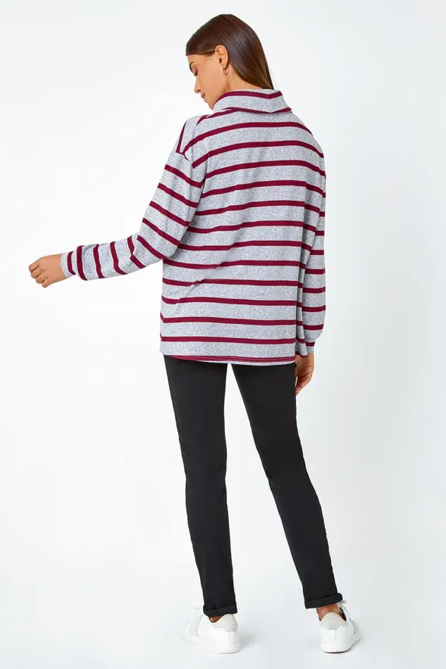 Women Grey Stripe Print Roll Neck Stretch Top Roman Tops