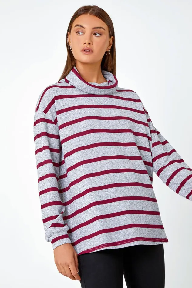 Women Grey Stripe Print Roll Neck Stretch Top Roman Tops