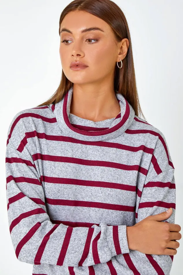 Women Grey Stripe Print Roll Neck Stretch Top Roman Tops