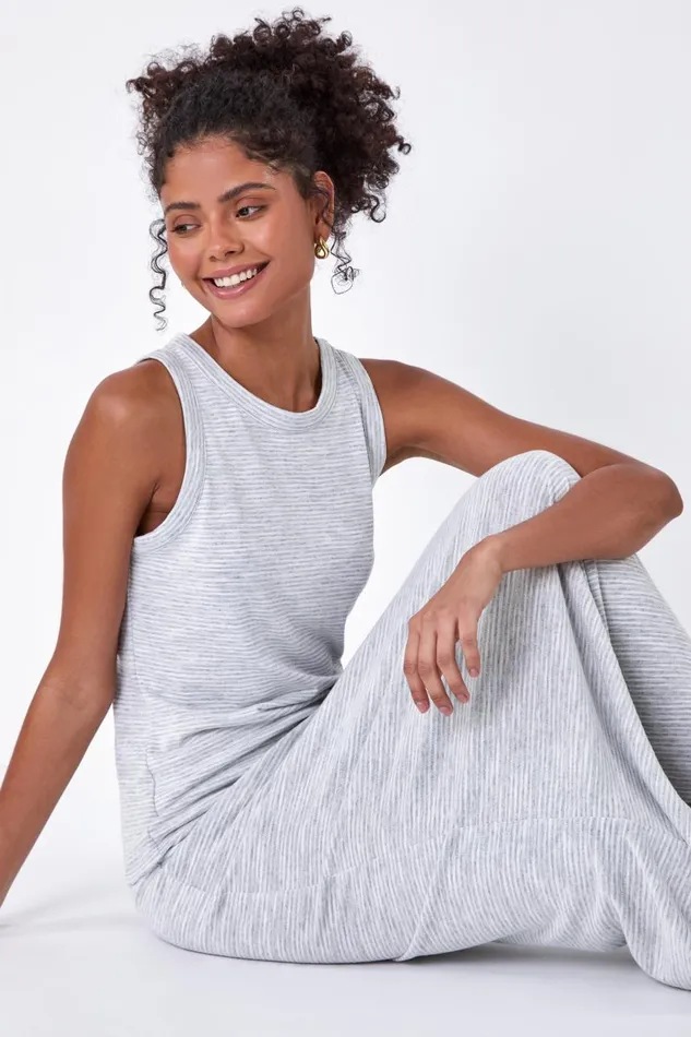 Women Grey Stripe Print Stretch Vest Top Roman Tops