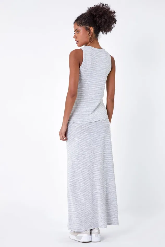 Women Grey Stripe Print Stretch Vest Top Roman Tops