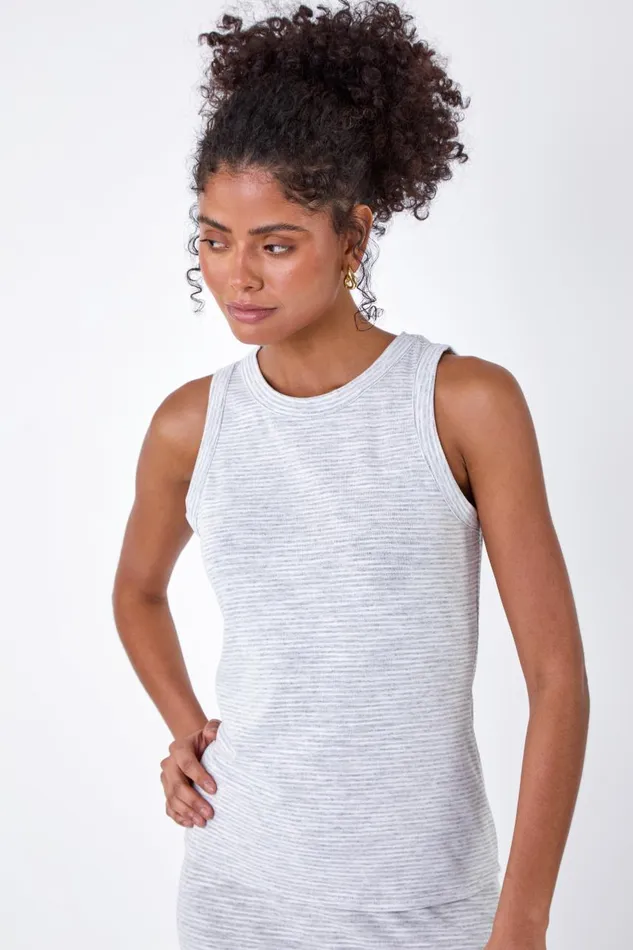 Women Grey Stripe Print Stretch Vest Top Roman Tops