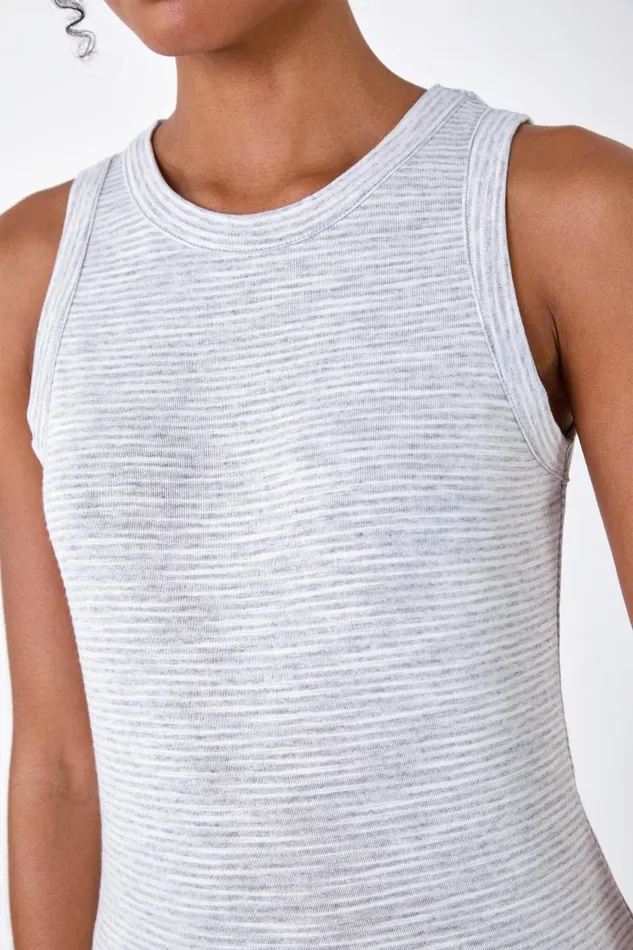 Women Grey Stripe Print Stretch Vest Top Roman Tops