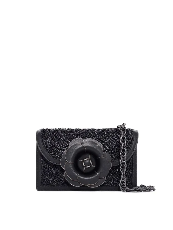 Women Handbags Oscar De La Renta Raffia Crochet TRO Bag Black