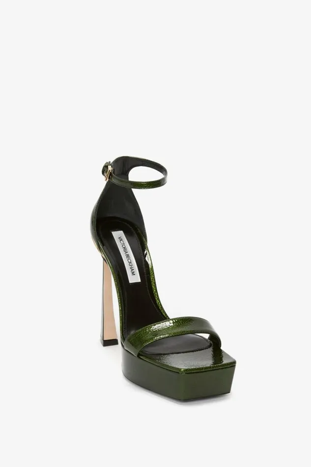 Women Heels Victoria Beckham Squared Toe Platform Sandal In Green Grained Patent