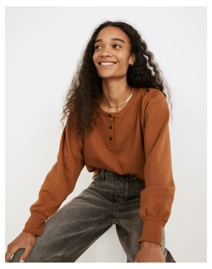 Women Henley Puff Sleeve Sweatshirt Warm Coffee Madewell Sweatshirts and Sweatpants