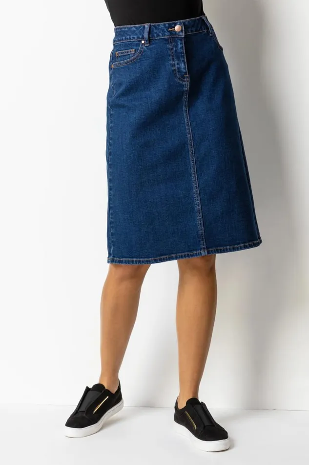 Women Indigo Cotton Denim Stretch A Line Skirt Roman Skirts
