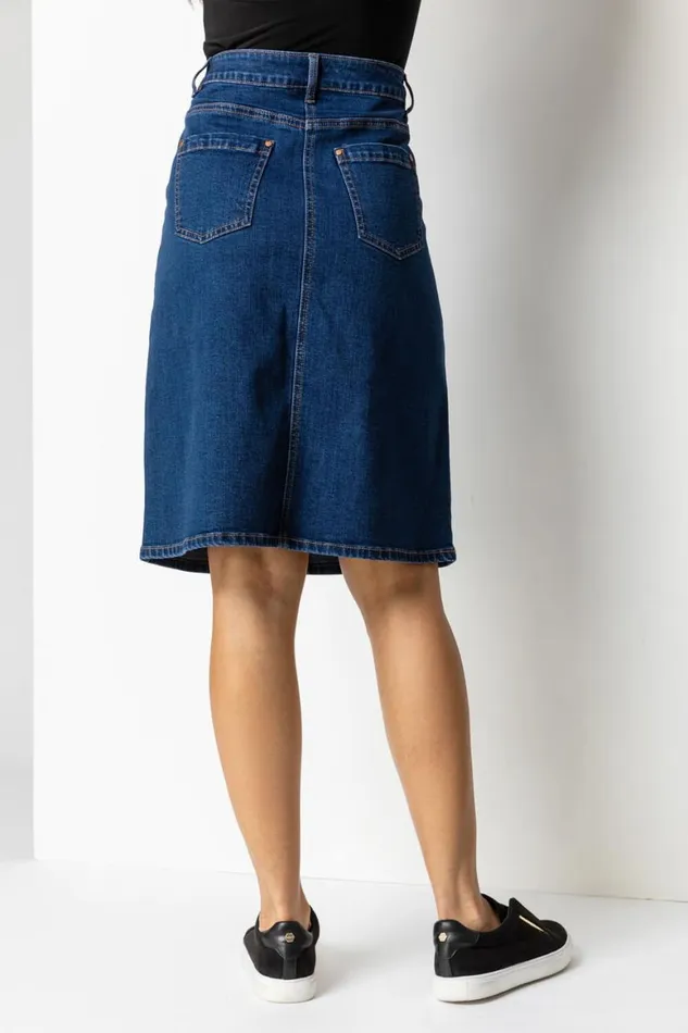 Women Indigo Cotton Denim Stretch A Line Skirt Roman Skirts