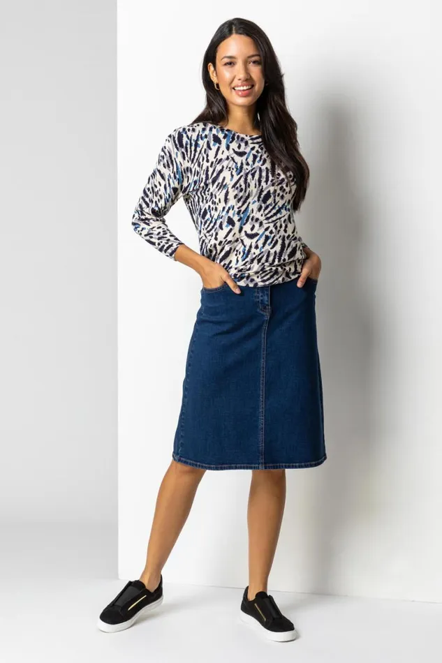 Women Indigo Cotton Denim Stretch A Line Skirt Roman Skirts