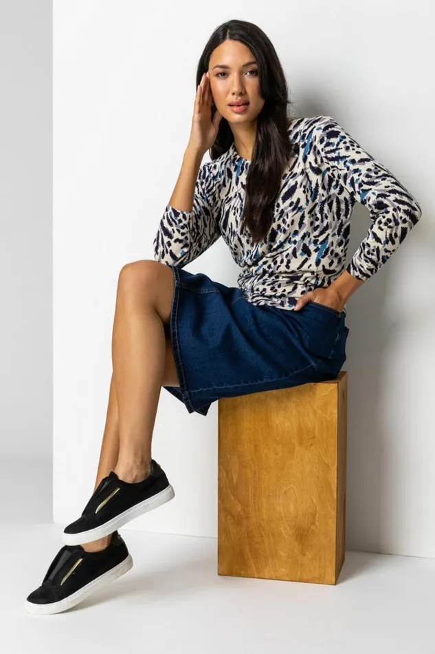 Women Indigo Cotton Denim Stretch A Line Skirt Roman Skirts