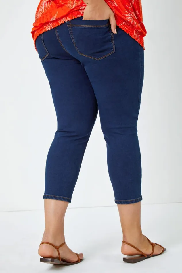 Women Indigo Curve Elastic Waist Cropped Denim Jeggings Roman Trousers