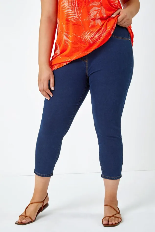 Women Indigo Curve Elastic Waist Cropped Denim Jeggings Roman Trousers