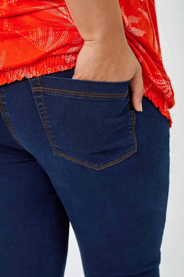 Women Indigo Curve Elastic Waist Cropped Denim Jeggings Roman Trousers