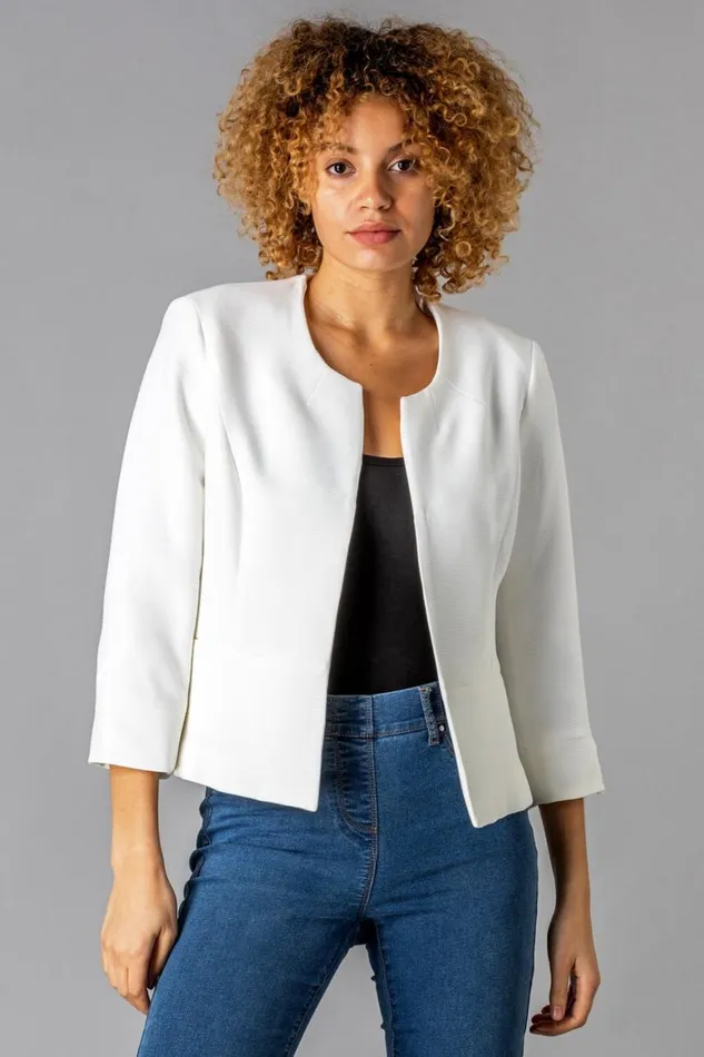 Women Ivory 34 Sleeve Textured Cropped Jacket Roman Occasionwear