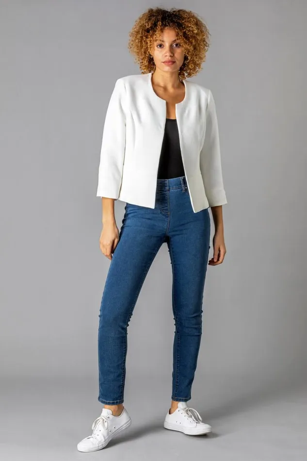 Women Ivory 34 Sleeve Textured Cropped Jacket Roman Occasionwear