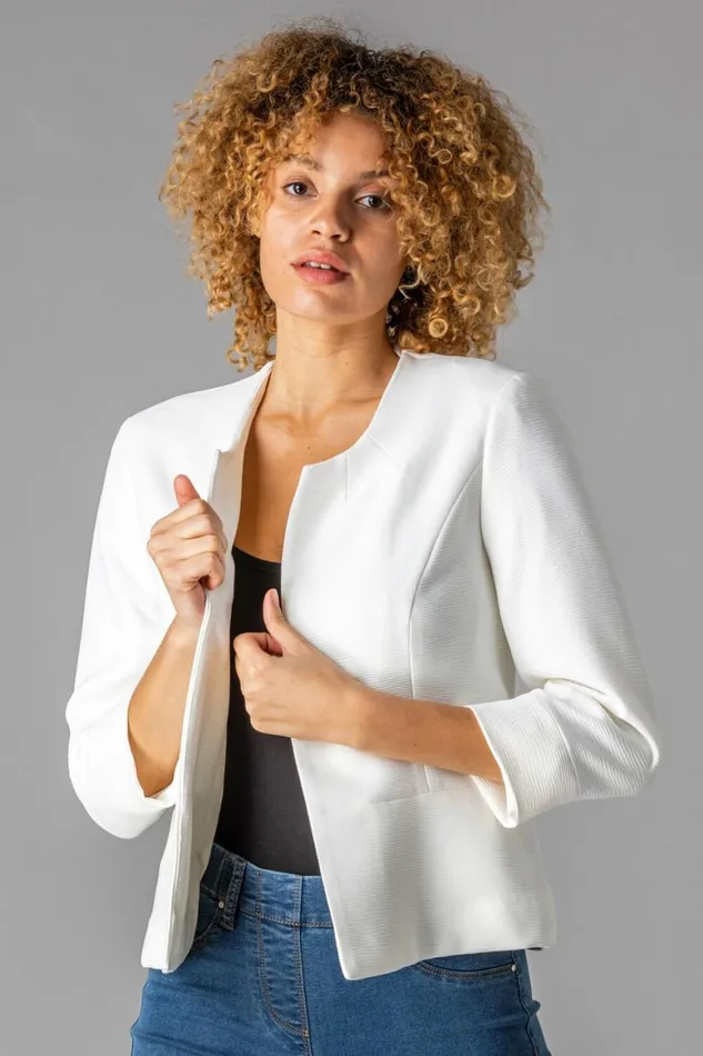 Women Ivory 34 Sleeve Textured Cropped Jacket Roman Occasionwear