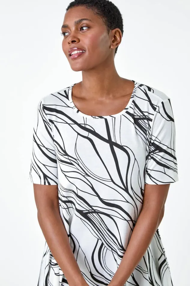 Women Ivory Abstract Hanky Hem Stretch Tunic Top Roman Tops