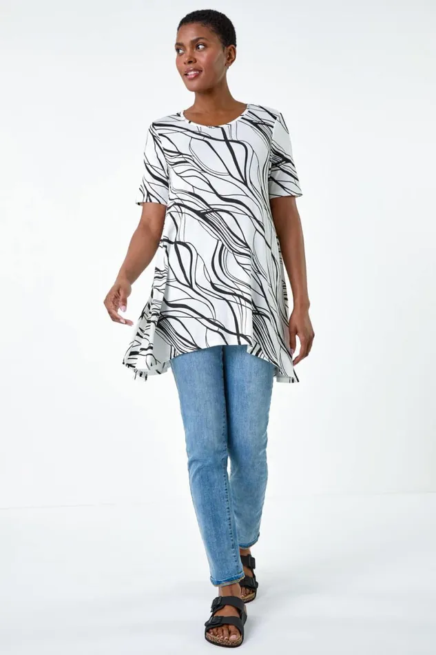 Women Ivory Abstract Hanky Hem Stretch Tunic Top Roman Tops