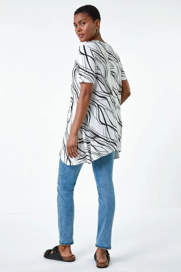 Women Ivory Abstract Hanky Hem Stretch Tunic Top Roman Tops
