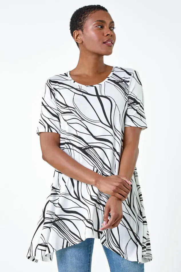 Women Ivory Abstract Hanky Hem Stretch Tunic Top Roman Tops