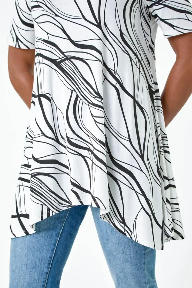 Women Ivory Abstract Hanky Hem Stretch Tunic Top Roman Tops