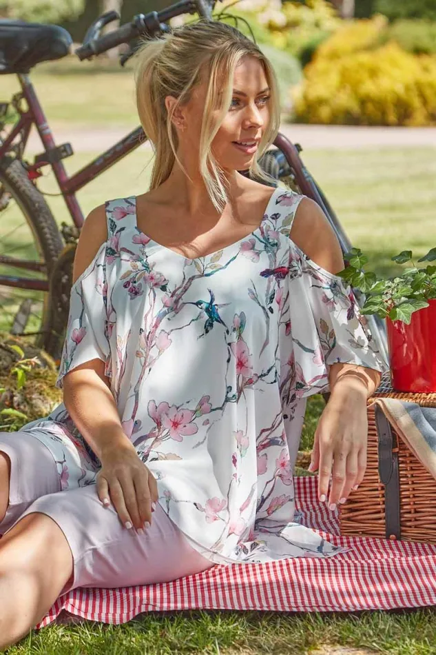 Women Ivory Cold Shoulder Floral Hanky Hem Top Roman Tops