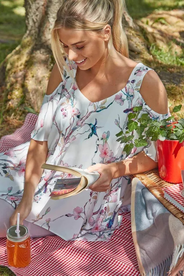 Women Ivory Cold Shoulder Floral Hanky Hem Top Roman Tops