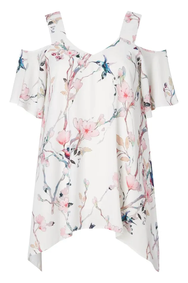 Women Ivory Cold Shoulder Floral Hanky Hem Top Roman Tops