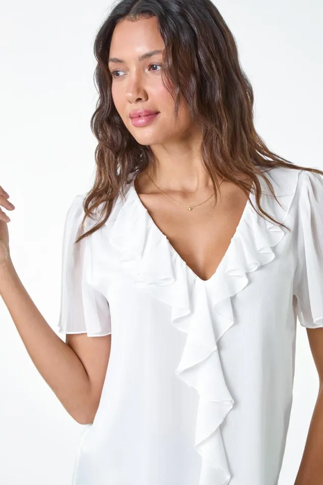 Women Ivory Crinkle Textured VNeck Frill Detail Top Roman Tops