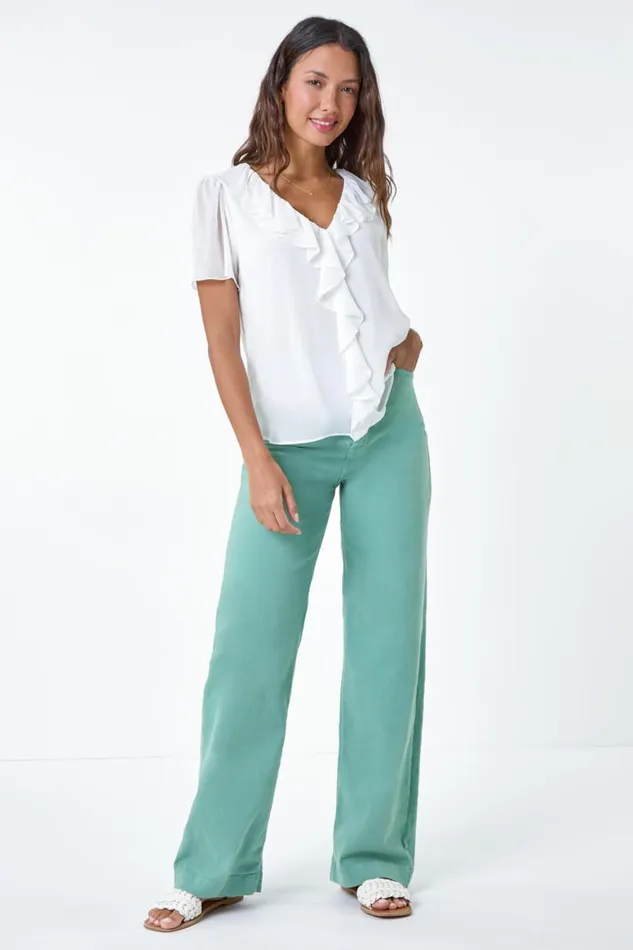 Women Ivory Crinkle Textured VNeck Frill Detail Top Roman Tops