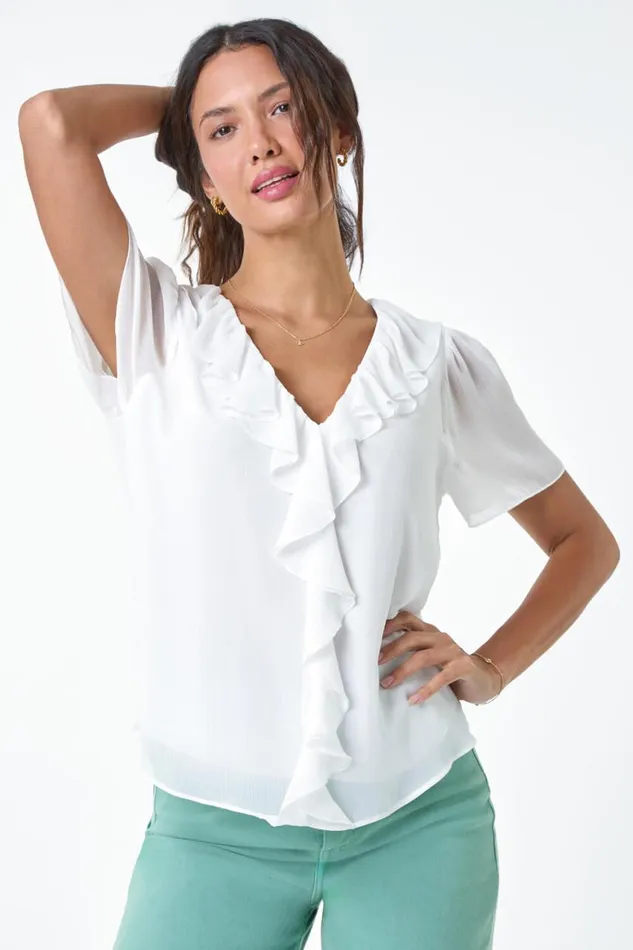 Women Ivory Crinkle Textured VNeck Frill Detail Top Roman Tops